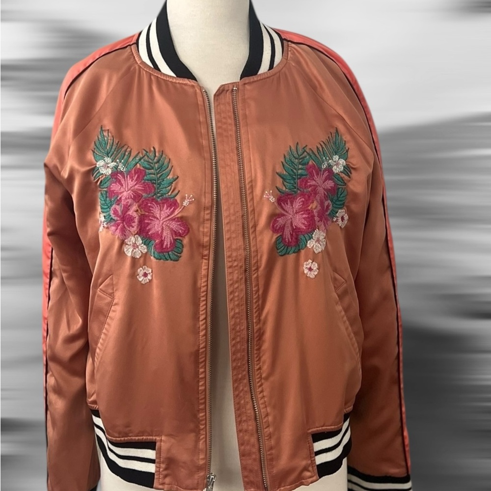 Mossimo Supply Co. Coral Bomber Jacket with Floral Embroidery